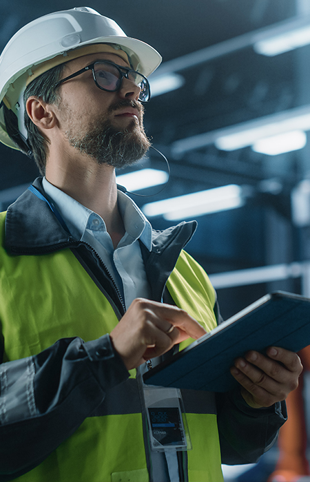Worker inspecting bolts